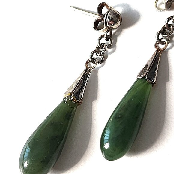 Vintage Nephrite jade 925 pierced earrings - Picture 2 of 6